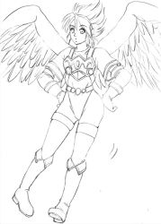Rule 34 | 1girl, angel wings, armor, blonde hair, boots, breath of fire, breath of fire i, gloves, green eyes, greyscale, hairband, kuroriku-kaname, leotard, monochrome, nina (breath of fire i), short hair, simple background, solo, thighhighs, white wings, wings