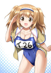 Rule 34 | 10s, 1girl, breasts, brown eyes, cleavage, clothes writing, hairband, highleg, highleg swimsuit, i-26 (kancolle), kantai collection, kishi nisen, large breasts, light brown hair, long hair, name tag, new school swimsuit, one-piece swimsuit, open clothes, open mouth, sailor collar, salute, school swimsuit, short sleeves, smile, solo, swimsuit, swimsuit under clothes, two-tone hairband, two side up