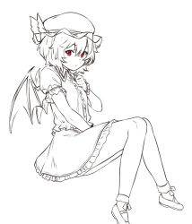 Rule 34 | 1girl, bat wings, bobby socks, dress, greyscale, hair between eyes, hand on own chest, hand up, hat, hat ribbon, houtengeki, invisible chair, looking at viewer, mary janes, mob cap, monochrome, petticoat, puffy short sleeves, puffy sleeves, red eyes, remilia scarlet, ribbon, shoes, short dress, short hair, short sleeves, simple background, sitting, socks, solo, thighs, touhou, white background, wings