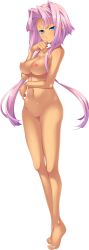 Rule 34 | 1girl, absurdres, barefoot, blue eyes, breasts, completely nude, dark skin, dark-skinned female, facial mark, forehead mark, full body, hair over shoulder, hand to own mouth, highres, hikage eiji, koihime musou, large breasts, long hair, nipples, no pussy, nude, official art, pink hair, smile, solo, sonken, transparent background