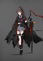 Rule 34 | 1girl, absurdres, artist request, black gloves, black hair, black thighhighs, blue eyes, cape, character name, eminent domain (project wingman), fingerless gloves, gloves, grey skirt, high ponytail, highres, holding, holding sword, holding weapon, necktie, personification, project wingman, red neckwear, single thighhigh, skirt, source request, sword, thighhighs, weapon