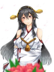 Rule 34 | 1girl, black hair, blurry, blurry foreground, breasts, brown eyes, detached sleeves, frilled skirt, frills, hair ornament, hairband, hairclip, haruna (kancolle), headgear, highres, japanese clothes, kantai collection, kazaharu matsuhata, large breasts, long hair, nontraditional miko, red skirt, ribbon-trimmed sleeves, ribbon trim, sidelocks, skirt, smile, solo