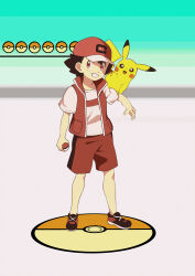 Rule 34 | 1boy, absurdres, alternate color, ash ketchum, black hair, commentary request, creatures (company), full body, game freak, gen 1 pokemon, grin, hat, highres, holding, holding poke ball, jacket, knees, male focus, nintendo, open clothes, open jacket, pikachu, poke ball, poke ball (basic), poke ball symbol, pokemon, pokemon (anime), pokemon (creature), pokemon journeys, pokemon on arm, shirt, shoes, short hair, short sleeves, shorts, sleeveless, sleeveless jacket, smile, standing, t-shirt, tankobukids, teeth