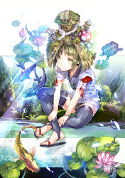 Rule 34 | 1girl, black thighhighs, blush, artistic error, fish, flower, frog, full body, green eyes, green hair, hat, jewelry, looking at viewer, matching hair/eyes, mushroom, necklace, original, petals, plant, sandals, short hair, signature, sitting, smile, snake, solo, thighhighs, toeless legwear, toes, turtle, water, yuugen