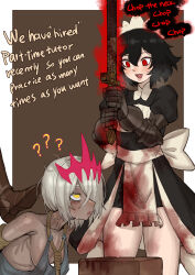 Rule 34 | 1other, 2girls, ?, absurdres, apron, armor, arms behind back, aura, black hair, blood, blood on clothes, blush, body freckles, borrowed character, breasts, brown background, chinese commentary, collarbone, commentary request, dark-skinned female, dark skin, ebonyxh, english text, execution, executioner maid (centuriic), eyes visible through hair, freckles, frilled apron, frills, gauntlets, hair over one eye, highres, holding, holding sword, holding weapon, imminent death, long sleeves, maid, maid headdress, multiple girls, open mouth, original, pointy breasts, puffy short sleeves, puffy sleeves, ringed eyes, rope around neck, scar, scar on neck, short hair, short sleeves, simple background, small breasts, smile, solaria (ebonyxh), sweat, sword, tiara, two-handed sword, very sweaty, weapon, white hair, yellow eyes