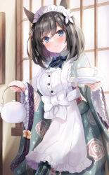 Rule 34 | 1girl, animal ears, apron, black hair, blue eyes, blush, closed mouth, commentary request, cup, eishin flash (umamusume), floral print, frilled apron, frilled sleeves, frills, green kimono, hair between eyes, highres, holding, holding saucer, horse ears, indoors, japanese clothes, kimono, long sleeves, looking at viewer, maid, maid apron, maid headdress, motoi ayumu, multicolored hair, obi, pink hair, print kimono, rose print, sash, saucer, sleeves past wrists, smile, solo, sunlight, teacup, teapot, two-tone hair, umamusume, wa maid, white apron, wide sleeves, window