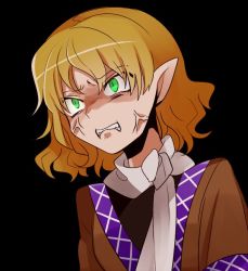 Rule 34 | 1girl, anger vein, angry, blonde hair, clenched teeth, fukurahagi uomaru, green eyes, japanese clothes, looking away, mizuhashi parsee, pointy ears, shaded face, short hair, solo, teeth, touhou, upper body