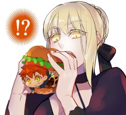 1boy 1girl artoria_pendragon_(all) artoria_pendragon_(fate) blonde_hair burger eating emiya_shirou fate/stay_night fate_(series) food holding holding_burger holding_food mini_person miniboy otama_(atama_ohanabatake) red_hair saber_alter simple_background yellow_eyes