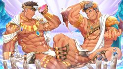 Rule 34 | 2boys, :p, abs, armband, bara, beard, black hair, brown hair, bulge, dagon (housamo), dark-skinned male, dark skin, facial hair, fish boy, giant, giant male, gladiator sandals, horns, jewelry, large pectorals, long sideburns, male focus, mature male, multicolored hair, multiple boys, multiple necklaces, multiple rings, muscular, muscular male, navel, nipples, oiled, pectorals, pointy ears, ring, sandals, seashell, shell, short hair, sideburns, size difference, smile, stone pillar, stubble, tangaroa (housamo), tattoo, tepen (tptptpn), tokyo houkago summoners, tongue, tongue out, two-tone hair, white hair, yellow eyes