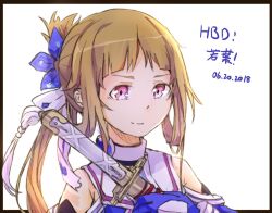 Rule 34 | 1girl, bare shoulders, black border, blonde hair, blue gloves, border, closed mouth, commentary request, dated, gloves, happy birthday, holding, holding sword, holding weapon, long hair, looking at viewer, nogi wakaba, nogi wakaba wa yuusha de aru, pink eyes, simple background, smile, solo, sword, upper body, weapon, white background, xuu shi times, yuusha de aru