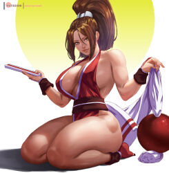 Rule 34 | 1girl, belt, breasts, brown belt, brown eyes, brown hair, cleavage, cleavage cutout, clothing cutout, curvy, fatal fury, folding fan, hair behind ear, hair between eyes, hair strand, hand fan, holding, holding fan, large breasts, lips, long hair, looking at viewer, patreon logo, pelvic curtain, rejean dubois, revealing clothes, seiza, shiny skin, shiranui mai, sitting, smile, solo, the king of fighters, thick thighs, thighs, watermark, web address, wide hips