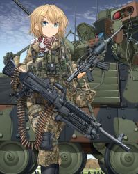 Rule 34 | 1girl, 7.62x51mm nato, absurdres, american flag, ammunition, ammunition belt, anti-tank guided missile, anti-tank missile, assault rifle, autocannon, belt-fed, bgm-71 tow, black footwear, blonde hair, blue eyes, blue sky, body armor, boots, brown bandana, brown gloves, brown jacket, brown pants, camouflage, camouflage jacket, camouflage pants, cannon, chain gun, closed mouth, combat boots, commentary, commentary request, day, english commentary, english text, frown, full-power cartridge, general-purpose machine gun, gloves, gun, harness, highres, holding, holding gun, holding weapon, infantry fighting vehicle, jacket, knee pads, lmg cartridge, m13 link, m240, m242 bushmaster, m2 bradley, m4 carbine, machine gun, mikeran (mikelan), military, military cartridge, military uniform, military vehicle, missile, missile launcher, mixed-language commentary, motor vehicle, mountainous horizon, original, outdoors, pants, precision-guided munition, rifle, rifle cartridge, scope, short hair, short sleeves, sky, sleeves rolled up, solo, surface-to-surface missile, tank, thigh strap, turret, uniform, walkie-talkie, weapon, wire-guided missile
