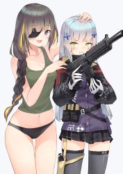 Rule 34 | 2girls, assault rifle, black panties, black skirt, blunt bangs, blush, braid, breasts, cleavage, collarbone, dduck kong, eyepatch, facial mark, girls&#039; frontline, green eyes, grey background, gun, hair ornament, hand on another&#039;s head, highres, hk416 (girls&#039; frontline), holding, holding gun, holding weapon, jacket, long hair, long sleeves, m16a1 (girls&#039; frontline), multicolored hair, multiple girls, name connection, object namesake, panties, pleated skirt, pouch, rifle, scar, scar across eye, scar on face, simple background, skirt, streaked hair, tank top, teeth, thighhighs, underwear, upper teeth only, very long hair, wavy mouth, weapon