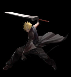 Rule 34 | 1boy, apron, arm up, armor, belt, belt buckle, black apron, black background, black belt, black footwear, black gloves, black pants, black sleeves, blonde hair, blue eyes, buckle, closed mouth, cloud strife, commentary, detached sleeves, diaodiao, fighting stance, final fantasy, final fantasy vii, final fantasy vii advent children, full body, fusion swords, gloves, high collar, holding, holding sword, holding weapon, looking at viewer, male focus, pants, serious, shirt, short hair, shoulder armor, single bare shoulder, single detached sleeve, sleeveless, sleeveless shirt, solo, spiked hair, standing, sword, waist apron, weapon