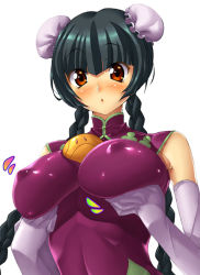 Rule 34 | 00s, 1girl, bare shoulders, black hair, blush, grabbing another&#039;s breast, breasts, bun cover, china dress, chinese clothes, covered erect nipples, dress, elbow gloves, embarrassed, gloves, grabbing, grabbing own breast, green hair, gundam, gundam 00, kink (tortoiseshell), large breasts, long hair, red eyes, solo focus, wang liu mei