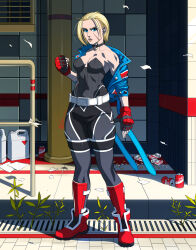 Rule 34 | 1girl, adapted costume, ankle boots, armored gloves, belt, black bodysuit, black choker, black gloves, blonde hair, blue eyes, blue jacket, bodysuit, boots, breasts, brown lips, cammy white, choker, clenched hand, commentary, commission, cosplay, cropped jacket, cyberpunk, deltoids, english commentary, exmile, facial scar, fingerless gloves, full body, ghost in the shell, ghost in the shell stand alone complex, gloves, highres, jacket, kusanagi motoko, kusanagi motoko (cosplay), medium breasts, off shoulder, open clothes, open jacket, pendant choker, red footwear, scar, scar on cheek, scar on face, shin guards, short hair, sleeves pushed up, solo, strapless, strapless bodysuit, street fighter, street fighter 6, thigh strap, toned, trash
