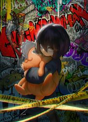 Rule 34 | 1girl, absurdres, black cat207, black pantyhose, caution tape, chainsaw man, child, graffiti, hair between eyes, highres, hug, looking at viewer, mole, mole under eye, nayuta (chainsaw man), pantyhose, pochita (chainsaw man), purple eyes, purple hair, ringed eyes, short hair, solo, stuffed toy