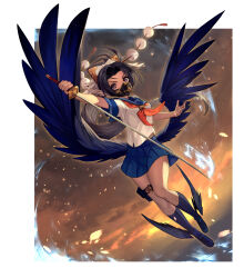 Rule 34 | 1girl, absurdres, black hair, bow, cloud, cloudy sky, commission, feathered wings, full body, hair bow, head wings, highres, holding, holding sword, holding weapon, leg wings, loafers, long hair, looking at viewer, low wings, mask, midriff peek, mouth mask, neckerchief, original, outdoors, parted bangs, pleated skirt, pom pom (clothes), ponytail, purple eyes, school uniform, serafuku, shoes, short sleeves, skeb commission, skirt, sky, socks, solo, sunset, sword, tengu, teo (telo ruka), thigh strap, v-shaped eyebrows, very long hair, weapon, wings