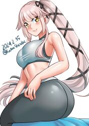 Rule 34 | 1girl, absurdres, alternate costume, blush, breasts, dated, exercising, green eyes, green sports bra, gym uniform, hair flaps, highres, kantai collection, katou shinobu, large breasts, lips, long hair, looking at viewer, pants, pink hair, ponytail, ribbon, smile, solo, sports bra, tight clothes, tight pants, twitter username, very long hair, white background, yoga pants, yura (kancolle)