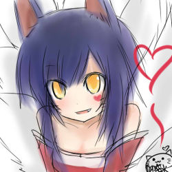 Rule 34 | 1girl, :d, ahri (league of legends), animal ears, blush, facial mark, fang, fox ears, fox tail, heart, kitsune, league of legends, looking at viewer, multiple tails, neko baby, open mouth, signature, smile, solo, tail, whisker markings, yellow eyes