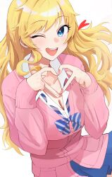 Rule 34 | 1girl, ;d, absurdres, ban (puka 0507), blonde hair, blue eyes, blue skirt, blush, bow, bowtie, breasts, cardigan, cleavage, collarbone, diagonal-striped bow, diagonal-striped bowtie, diagonal-striped clothes, fingernails, gyaru, heart, heart hands, highres, idolmaster, idolmaster cinderella girls, idolmaster cinderella girls starlight stage, kogal, large breasts, long hair, looking at viewer, loose bowtie, nail polish, ohtsuki yui, one eye closed, open collar, open mouth, pink cardigan, school uniform, simple background, skirt, smile, solo, striped clothes, teeth, upper teeth only, very long hair, white background