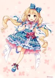 Rule 34 | 10s, 1girl, angel wings, blonde hair, bow, brown eyes, dress, full body, futaba anzu, hair bow, hair ribbon, idolmaster, idolmaster cinderella girls, long hair, low twintails, nyanya, open mouth, ribbon, smile, solo, twintails, white background, wings