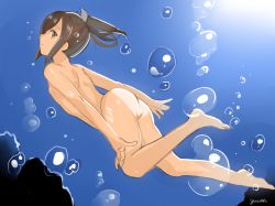 Rule 34 | 10s, 1girl, ass, bad id, bad twitter id, blush, brown eyes, brown hair, bubble, dark skin, dark-skinned female, flat chest, i-401 (kancolle), kantai collection, looking at viewer, looking back, nude, nudist, personification, ponytail, profile, saikawa yusa, short hair, short ponytail, skinny dipping, smile, solo, swimming, underwater, zenra