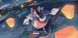 Rule 34 | 1girl, blue neckerchief, blunt bangs, bow, brown hair, character name, chinese commentary, cloud, commentary, copyright name, dated, dawn, detached sleeves, frilled bow, frilled skirt, frills, full body, geta, glowing, gohei, grass, hakurei reimu, highres, holding, lantern, lantern festival, large bow, long hair, long sleeves, looking at viewer, mountainous horizon, neckerchief, nontraditional miko, orange eyes, paper lantern, parted lips, path, red bow, red footwear, red skirt, red vest, redden wang, ribbon-trimmed sleeves, ribbon trim, ripples, road, rock, sarashi, shide, skirt, skirt set, sky, sky lantern, socks, solo, touhou, vest, village, water, white socks, wide shot, wide sleeves