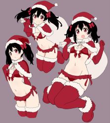 Rule 34 | 1girl, bag, bikini, black hair, boots, bow, bra, breasts, christmas, front-tie bra, fur trim, gloves, hair bow, hair ornament, hat, highres, kurokawa makoto, looking at viewer, love live!, midriff, navel, open mouth, panties, red bow, red bra, red eyes, red panties, red thighhighs, sack, santa bikini, santa costume, santa hat, shawl, side-tie panties, small breasts, smile, swimsuit, thighhighs, twintails, underwear, yazawa nico