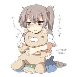 Rule 34 | 10s, 1girl, bad id, bad twitter id, blue eyes, blush, brown hair, doll, hug, kaga (kancolle), kantai collection, lowres, open mouth, rebecca (keinelove), short hair, solo, stuffed animal, stuffed toy, sweat, teddy bear, translated