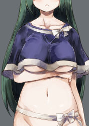 Rule 34 | 1girl, :&lt;, bottomless, breast hold, breasts, capelet, frown, green hair, grey background, groin, head out of frame, large breasts, long hair, mima (touhou), navel, ribbon, simple background, solo, touhou, touhou (pc-98), underboob, yohane