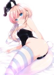 Rule 34 | 1girl, animal ears, ass, asymmetrical legwear, bare arms, bare shoulders, bed sheet, black hairband, black leotard, blue eyes, blush, breasts, brown hair, closed mouth, commentary request, fake animal ears, fuuna, hairband, highres, leotard, long hair, medium breasts, mismatched legwear, original, pantyhose, playboy bunny, rabbit ears, rabbit tail, smile, solo, strapless, strapless leotard, striped clothes, striped thighhighs, tail, thighhighs, white background, white thighhighs