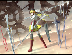 Rule 34 | 1girl, antique firearm, bayonet, beret, bident, blonde hair, boots, detached sleeves, drill hair, dual wielding, fate/stay night, fate (series), field of blades, fingerless gloves, firearm, firelock, flintlock, full body, gears, gloves, gun, hair ornament, hairpin, hat, highres, holding, lance of longinus (evangelion), letterboxed, long hair, magical girl, mahou shoujo madoka magica, mahou shoujo madoka magica (anime), musket, neon genesis evangelion, pale skin, parody, pleated skirt, polearm, puffy sleeves, ribbon, rifle, short hair, skirt, smile, solo, spear, striped clothes, striped thighhighs, teresa007, thighhighs, tomoe mami, tomoe mami (magical girl), twin drills, unlimited blade works (fate), vertical-striped clothes, vertical-striped thighhighs, weapon, yellow eyes, zettai ryouiki