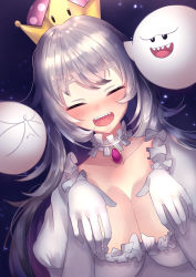Rule 34 | 1girl, absurdres, bad id, bad pixiv id, blush, boo (mario), breasts, choker, cleavage, closed eyes, covering own eyes, dress, earrings, elbow gloves, ghost pose, gloves, happy, highres, jewelry, large breasts, light particles, long hair, looking at viewer, luigi&#039;s mansion, mario (series), new super mario bros. u deluxe, nintendo, nose blush, open mouth, pendant, princess king boo, sakamoto nozoumi, sharp teeth, silver hair, smile, solo, super crown, teeth, upper body, very long hair, white choker, white dress, white gloves