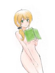 Rule 34 | 1girl, bad id, bad pixiv id, blonde hair, blush, book, breasts, covering privates, covering breasts, covering crotch, cowboy shot, dutch angle, ellen baker, embarrassed, english text, eyebrows, frown, green eyes, groin, hagi miya, hair ornament, hair over shoulder, hair scrunchie, hairclip, holding, holding book, long hair, looking at viewer, low ponytail, navel, new horizon, nude, parted bangs, ponytail, scrunchie, simple background, sketch, solo, standing, teacher, tears, white background