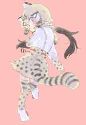 Rule 34 | 10s, 1girl, animal ears, animal print, blonde hair, blush, boots, bow, brown hair, cat ears, cat print, cat tail, commentary request, fang, full body, geoffroy&#039;s cat (kemono friends), hair bow, hair tie, hasu (zatsugami), highres, kemono friends, long sleeves, looking back, multicolored hair, open mouth, short hair, skirt, solo, standing, standing on one leg, suspender skirt, suspenders, tail, thighhighs, twintails