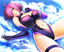Rule 34 | 1girl, armor, armored dress, black legwear, black panties, blush, breasts, clothing cutout, cloud, cloudy sky, elbow gloves, eyes visible through hair, fate/grand order, fate (series), faulds, flower, gloves, hair over one eye, highres, large breasts, light purple hair, looking at viewer, mash kyrielight, navel, navel cutout, open mouth, panties, purple eyes, purple gloves, purple legwear, reflection, short hair, sky, smile, thighs, underwear, water, yashichii