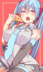 Rule 34 | 1girl, alternate breast size, aqua necktie, black thighhighs, blue hair, breasts, cake, covered navel, cream, cream on face, detached sleeves, food, food on face, hair between eyes, hatsune miku, holding, holding cake, holding food, kusoyuridanchi, large breasts, long hair, necktie, open mouth, pink eyes, red background, sitting, solo, thighhighs, twintails, vocaloid