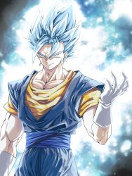 Rule 34 | 1boy, arm at side, aura, blue eyes, blue hair, closed mouth, dragon ball, dragon ball super, earrings, gloves, highres, jewelry, looking at viewer, male focus, mattari illust, muscular, potara earrings, smile, smirk, solo, spiked hair, standing, super saiyan, super saiyan blue, upper body, v-shaped eyebrows, vegetto, white gloves