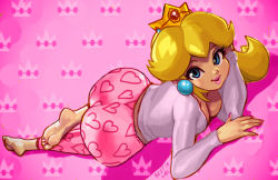 Rule 34 | 1girl, ass, barefoot, blonde hair, blue eyes, breasts, cleavage, crown, earrings, feet, heart, huge ass, jewelry, lips, lipstick, looking at viewer, lying, makeup, mario (series), nintendo, pink lips, princess peach, robaato, soles, solo, super mario bros. 1, third-party edit, thong, toes, wide hips