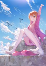 Rule 34 | 10s, 1girl, ;3, aircraft, airplane, animal, arm up, between legs, bird, blouse, blue sky, bow, bracelet, breasts, closed mouth, cloud, collarbone, concrete, contrail, day, feet, footwear bow, full body, green eyes, highres, holding own arm, hoshi o mite, hoshizora rin, jewelry, knees together feet apart, layered clothes, layered sleeves, long sleeves, love live!, love live! school idol festival, love live! school idol project, midriff peek, miniskirt, no shoes, ocean, one eye closed, orange hair, outdoors, outstretched arm, panties, pantyshot, pink bow, pink footwear, pink shirt, pink skirt, pleated skirt, seagull, shirt, shoes, unworn shoes, short hair, short over long sleeves, short sleeves, sitting, sitting on stairs, skirt, sky, small breasts, soles, solo, stairs, stretching, sunlight, t-shirt, thighhighs, toe scrunch, underwear, upskirt, white panties, white thighhighs