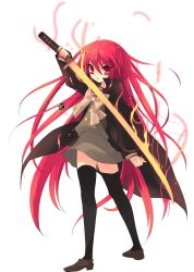 Rule 34 | 1girl, black thighhighs, bow, brown bow, cape, full body, green shirt, green skirt, hair bow, highres, holding, holding sword, holding weapon, ito noizi, jewelry, katana, long hair, looking at viewer, pendant, red eyes, red hair, school uniform, shakugan no shana, shana, shirt, simple background, skirt, solo, standing, sword, thighhighs, very long hair, weapon, white background, zettai ryouiki