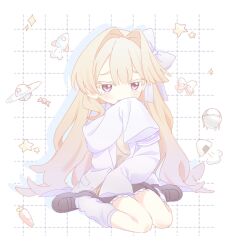 Rule 34 | 1girl, armband, black skirt, blonde hair, blush, bow, carrot, dobudouhu, erimo kudryavka, full body, hair bow, hair intakes, hand up, highres, indie virtual youtuber, lab coat, loafers, looking at viewer, loose socks, purple eyes, rocket ship, shoes, simple background, sitting, skirt, sleeves past fingers, sleeves past wrists, socks, solo, spacecraft, star (symbol), tearing up, wariza, white bow, white socks