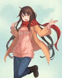 Rule 34 | 1girl, ahoge, blue background, blush, boots, breasts, brown footwear, brown hair, checkered clothes, checkered scarf, denim, gradient background, hands up, jacket, jeans, knee boots, leg up, long hair, long sleeves, looking at viewer, medium breasts, open clothes, open jacket, orange jacket, original, pants, peroncho, pink sweater, red eyes, red scarf, scarf, sidelocks, solo, standing, standing on one leg, sweater, tareme, very long hair