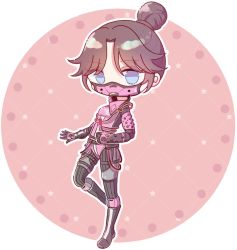Rule 34 | 1girl, animification, apex legends, black gloves, black hair, blue eyes, bodysuit, cable, chibi, clenched hand, gloves, hair behind ear, hair bun, leaning back, mask, mouth mask, open hand, parted bangs, pink bodysuit, rino (noonereno), solo, void specialist wraith, wraith (apex legends)