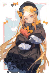 Rule 34 | 1girl, :|, abigail williams (fate), absurdres, balloon, black bow, black dress, black hat, blonde hair, bloomers, blue eyes, bow, child, ciloranko, closed mouth, commentary request, dress, expressionless, fate/grand order, fate (series), forehead, hair bow, hat, highres, long hair, long sleeves, looking at viewer, multiple hair bows, orange bow, parted bangs, polka dot, polka dot bow, purple bow, sleeves past fingers, sleeves past wrists, solo, stuffed animal, stuffed toy, teddy bear, underwear, upper body, very long hair, white bloomers
