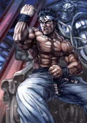 Rule 34 | 1boy, abs, bad id, bad pixiv id, black hair, clenched hands, fighting stance, headband, male focus, muscular, solo, topless male, virtua fighter, yuki akira