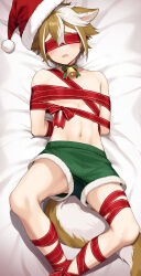 Rule 34 | 1boy, absurdres, arms behind back, bdsm, bell, blue eyes, blush, bondage, bound, brown hair, christmas present, commentary request, dog boy, dog tail, genshin impact, gift, gorou (genshin impact), green shorts, hair between eyes, half-closed eyes, highres, iroiro 0w0, jingle bell, lying, male focus, merry christmas, midriff, multicolored hair, navel, on back, on bed, open mouth, red ribbon, ribbon, shorts, simple background, stomach, streaked hair, tail, topless male