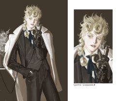 Rule 34 | 1boy, black background, black gloves, black jacket, black pants, black suit, black vest, blonde hair, border, braid, character name, coat, coat on shoulders, corded phone, cowboy shot, curly hair, dress shirt, elna7070, formal, giorno giovanna, gloves, green eyes, hand in pocket, hand up, holding, holding phone, jacket, jojo no kimyou na bouken, leaning on object, long coat, long hair, long sleeves, looking away, male focus, neck ribbon, open mouth, pants, phone, ribbon, shirt, simple background, single braid, solo, standing, suit, upper body, vento aureo, vest, white border, white coat, white shirt