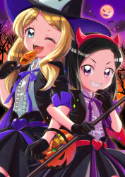 Rule 34 | 2girls, :d, asuka ruu, bare tree, belt, black gloves, black hair, black headwear, black jacket, black skirt, blonde hair, blue eyes, candy, center opening, collared shirt, commentary request, demon horns, fake horns, fang, food, fudou devi, gloves, grin, hairband, halloween, halloween costume, hand to own mouth, hand up, hat, heart, highres, hizuki (hiduki6121), holding, holding candy, holding food, holding lollipop, horns, jack-o&#039;-lantern, jacket, kiratto pri chan, locked arms, lollipop, long hair, looking at viewer, multiple girls, one eye closed, open mouth, pretty series, purple belt, purple eyes, purple ribbon, purple sky, red belt, red hairband, ribbon, shirt, short hair, skirt, sky, smile, standing, tree, witch hat
